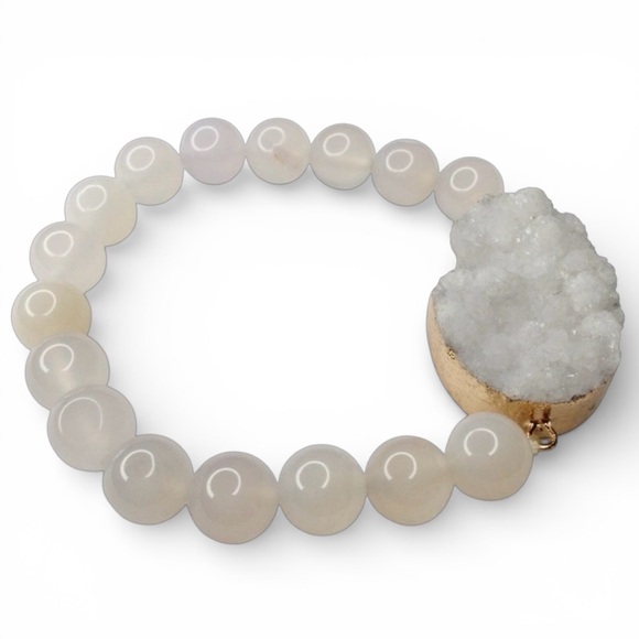 White Onyx & Druzy Quartz Beaded Stretch Bracelet 7", 8mm Natural Stone Beads - Picture 7 of 12
